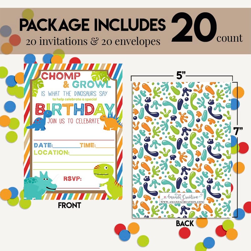 Amanda Creation Cute and Colorful Dinosaur Birthday Party Invitations for Boys, 20 5x7 Fill In Cards with Twenty White Envelopes by AmandaCreation - Image 4